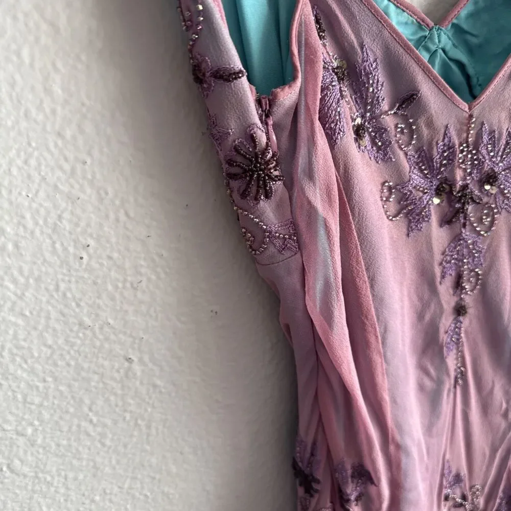 NWT VTG Adrianna Papell Purple/Teal Y2K Fairy Mermaid Silk Beaded Dress Sz 14 - Picture 11 of 15